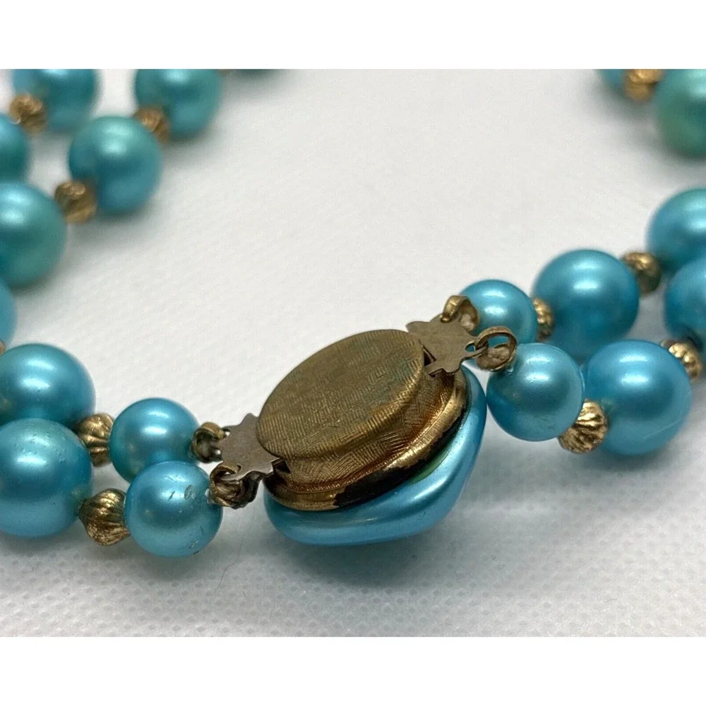 Vintage Aqua Blue Green Plastic Bead 2 Strand Tiered 16'' Necklace 1960s Retro‎